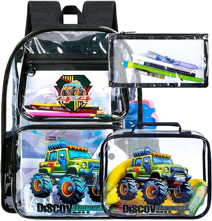 Clear Backpack for Girls and Boys, Kids Transparent Bookbag, 3PCS Cute See Through School Bag for Elementary Prechool