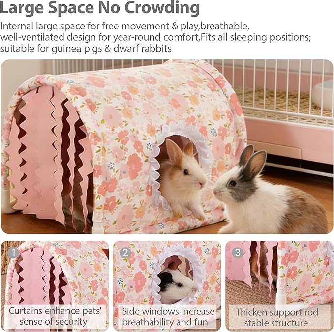 Guinea Pig Hideout Tunnel - Stable Washable Small Animal Tunnel Hide with Curtains,Guinea Pig Accessories for Hamster/Chinchilla/Dwarf Rabbit/Ferret (Pink, Large)