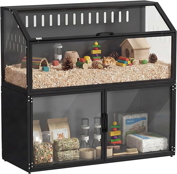 PawHut Hamster Cage with Storage Cabinet, Small Animal Cage with Openable Top and Easy-View Acrylic Panels, Large Guinea Pig Habitat for Rat, Hedgehog and Gerbil, 41" x 16" x 40" H, Black
