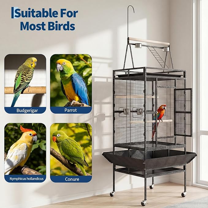 Extra Large 82-Inch Parrot Cage with Play Top – Heavy Duty Wrought Iron Flight Birdcage – Rolling Stand, Spacious Design, Rope Perch, Removable Tray, Powder-Coated Speckled Black
