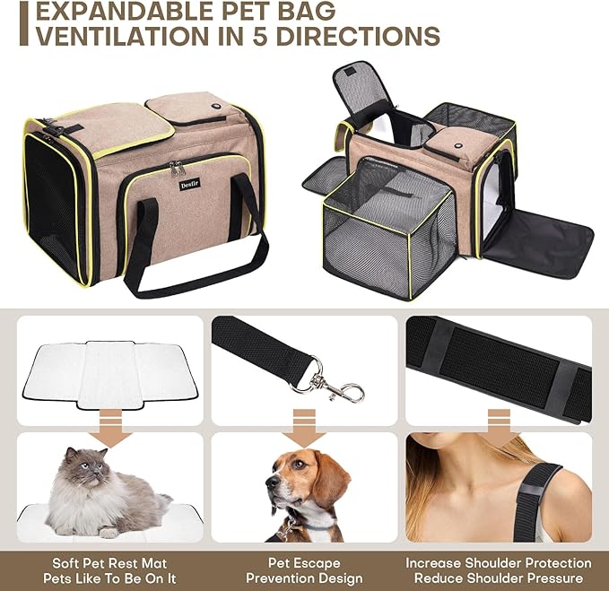 Expandable Cat & Dog Carrier, Large Expandable Collapsible Travel Bag with Safety Zippers, 3 Open Doors, Removable Fleece Pad for Puppies & Small Animals, Airline Approved (Brown)