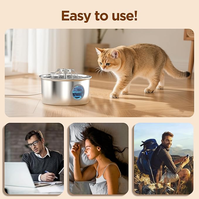 Cat Water Fountain Stainless Steel: Pet Drinking Fountains with 6 Filters & 3 Sponges - 88oz/2.6L Water Fountain for Cats Inside with Flower - IHOUONE Kitty Spout Dog Dispenser Animal Supplies
