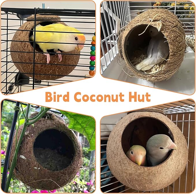 Coconut Bird Nest for Cage Natural Coconut Shell Birds House 2 Pack Parakeet Small Coconut Hide Breeding Hut Bird Cage Accessories for Parrot Lovebirds Budgies Cockatiel Conure Finch Canary