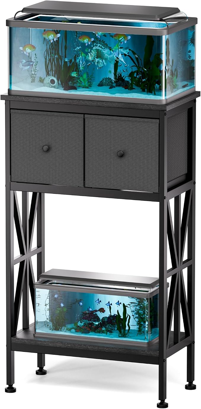 TRZZ Fish Tank Stand for 5-10 Gal, Heavy Duty Cabinet, Black, 20.47"x11.02" | Dual-Tiered Cabinet, Accessory Storage, Viewing Experience, Home & Office, Aquarium Stand