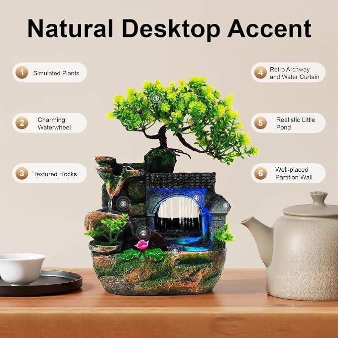 Indoor Fountain Rockery Tabletop Fountain Water Feature Meditation Desktop Fountains for Home Office Decor or Giving 7.87' x 5.9'' x 11.81'' with LED Light