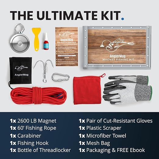 AnglerMag™ Magnet Fishing Kit - 2600 lbs Double Sided Neodymium Magnetic Fishing Stuff with Rope - 10 PCS Extra Strong Complete Gift Set with eBook, Carabiner, Gloves, Grappling Hook & Carrying Bag