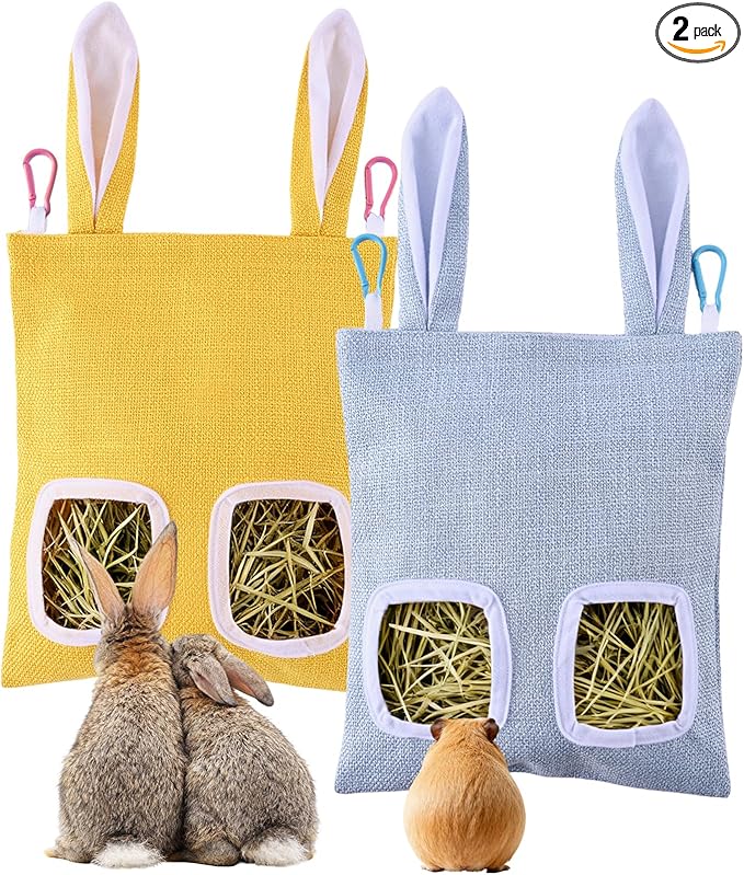 2 Pack Rabbit Guinea Pig Hay Feeder, Cute Bunny Hay Bag, Hanging Hay Holder for Guinea Pig Cage, Hay Feeder for Rabbits Chinchillas Hamsters Small Pets and Animals (Yellow & Blue)