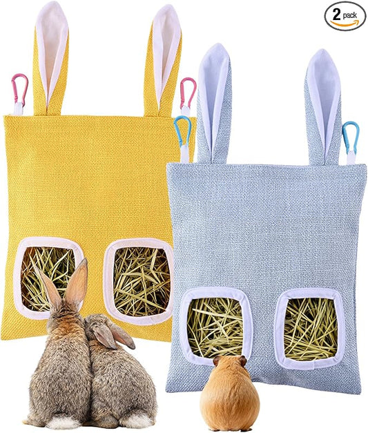 2 Pack Rabbit Guinea Pig Hay Feeder, Cute Bunny Hay Bag, Hanging Hay Holder for Guinea Pig Cage, Hay Feeder for Rabbits Chinchillas Hamsters Small Pets and Animals (Yellow & Blue)