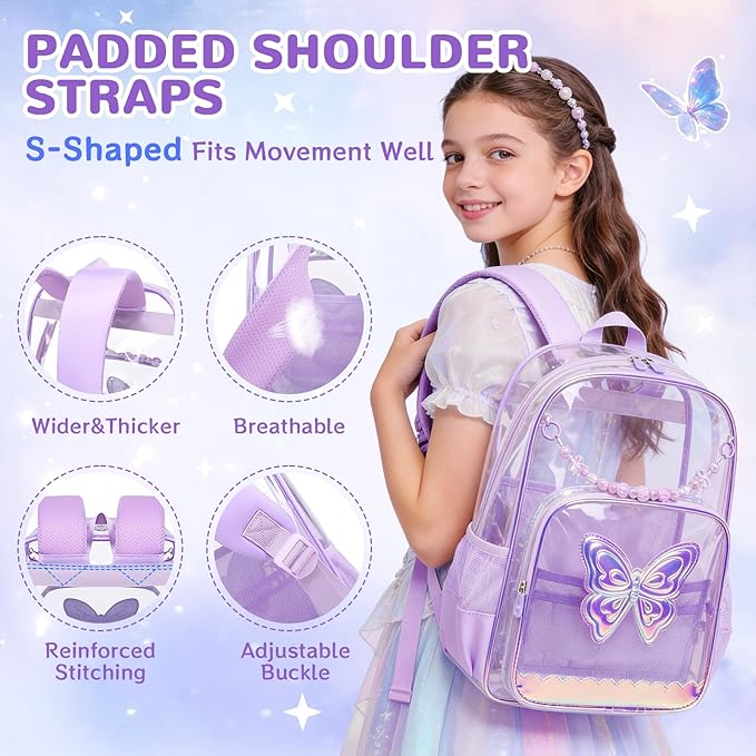 MUSEVOS Clear Backpack, Clear Bookbag for School PVC Heavy Duty Transparent Backpack for Girls, Purple Butterfly