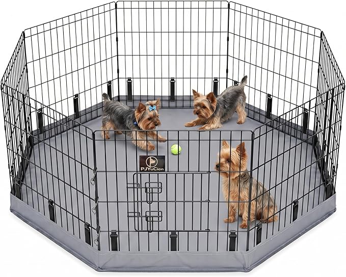PJYuCien Dog Playpen with Bottom Pad - Metal Foldable Exercise Pen, 8 Panels 24" H x 24" W Indoor Outdoor Pet Fence Puppy Crate Kennel, Gray