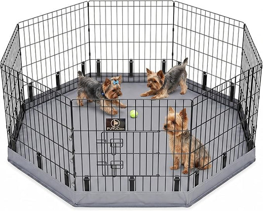PJYuCien Dog Playpen with Bottom Pad - Metal Foldable Exercise Pen, 8 Panels 24" H x 24" W Indoor Outdoor Pet Fence Puppy Crate Kennel, Gray
