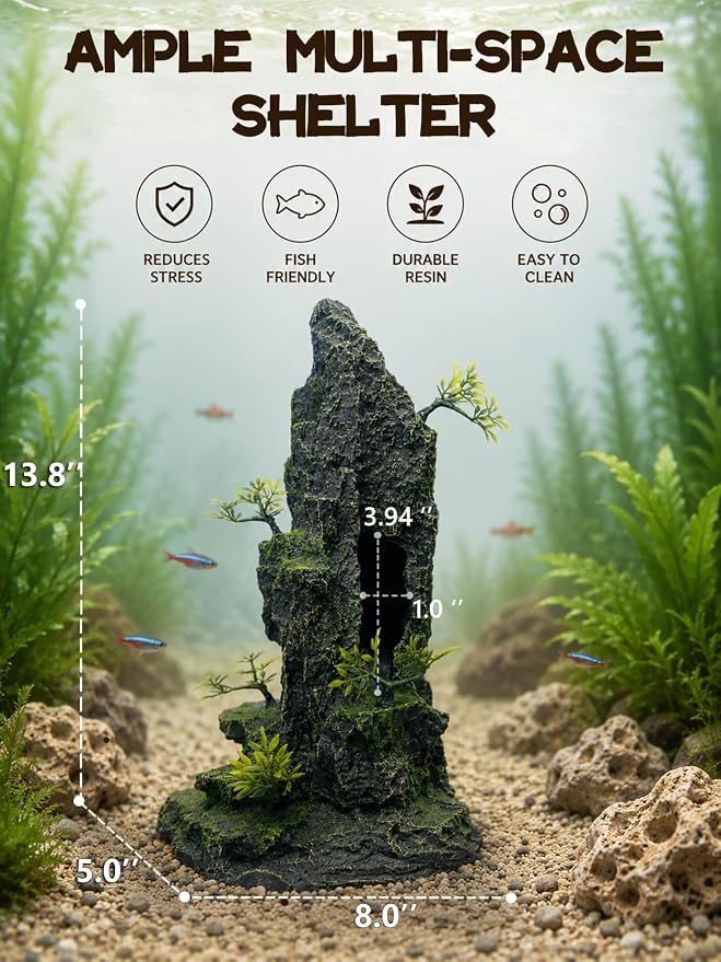 Aquarium Decor - Tall and Large Mountain Rock Ornament for Fish Tank, Aquarium Hideout with Rock Texture for Betta, Guppy, Shrimp - Safe Aquatic Decoration, Fish Hiding House（Black）