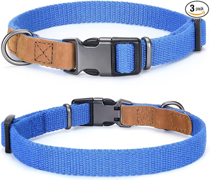 Mile High Life Genuine Leather Dog Collar, Soft Cotton Pet Collars with Heavy Metal Buckle for Small Large Dogs (Blue, S Neck 11"-15")