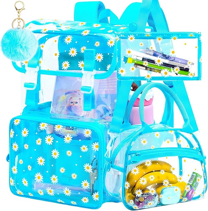 17" Daisy Clear Backpack for Girls - 3Pcs Flip Design Stadium Approved Set, Waterproof Campus/School Transparent Bookbag (Blue)