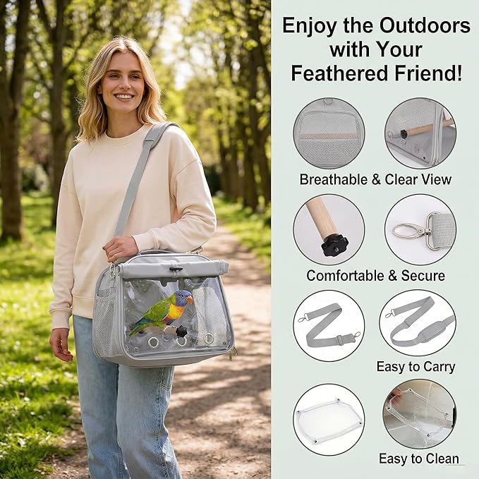 Small Bird Carrier Travel Cage, Portable Bird Cages Bag with Standing Perches for Parrots, Breathable Birds Backpack with Transparent Window for Parakeet Cockatiel Budgies, Grey