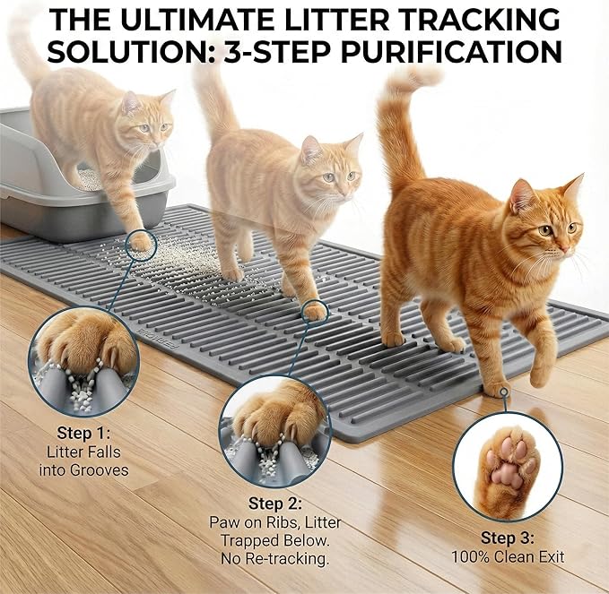Large Cat Litter Mat: Silicone Litter Trapping Mat for Litter Box - Easy to Clean Waterproof & Anti-Slip Soft Rubber Mat - Durable Design Traps Pellet & Clay Litter