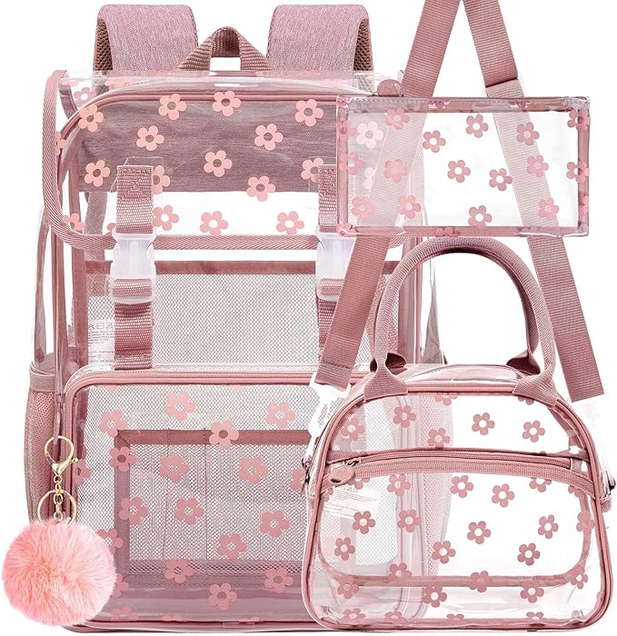 17" Plum Blossom Clear Backpack for Girls - 3Pcs Flip Design Stadium Approved Set, Campus/School Transparent Bookbag (Pink)