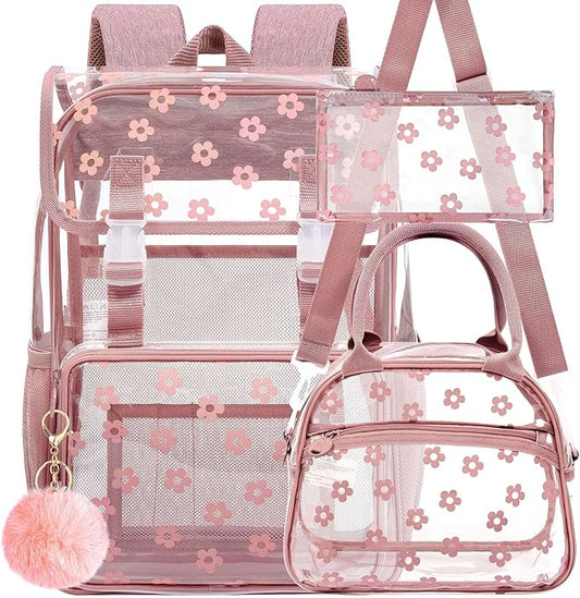 17" Plum Blossom Clear Backpack for Girls - 3Pcs Flip Design Stadium Approved Set, Campus/School Transparent Bookbag (Pink)