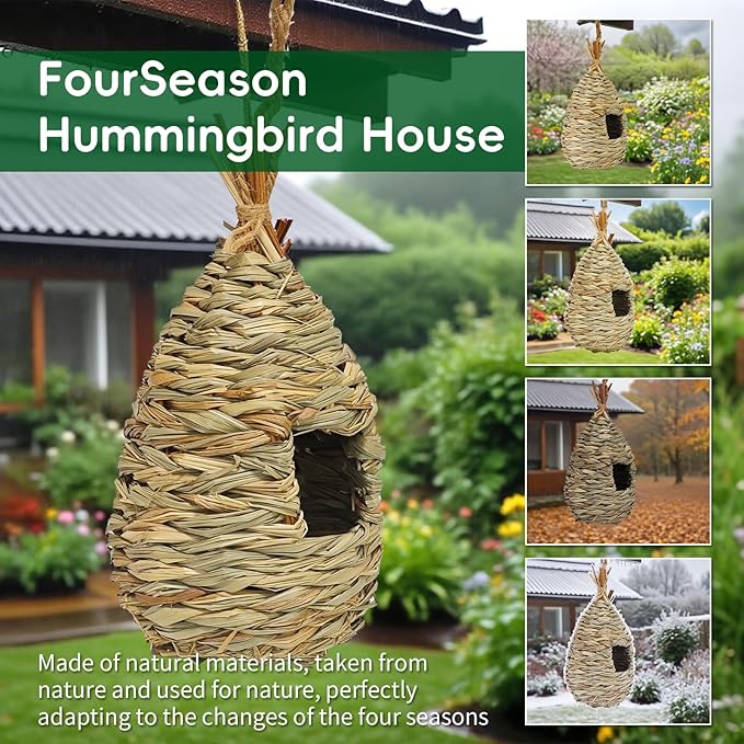 Gute Hummingbird Houses for Outside Hanging, Natural Grass Hanging Bird Hut, Hand Woven Bird Nest, Large Wren Finch Bird House for Garden Window Outdoor Home Decoration, 3 Pack