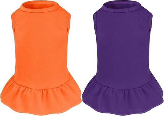 2 Pcs Dog Dresses Cat Skirt Solid Color Dog Clothes Summer Sleeveless Puppy Girl Clothes for Small Pet Dogs Cats (Purple,Orange, Large)