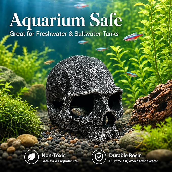 Skull Terrarium Decor Reptile Hideout for Tank (Black) | Realistic Resin Skull Hideouts,Decorative Skeleton Head Caves for Betta Fish Juvenile Ball Python Gecko Tarantula