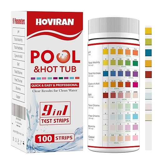 Pool Salt Test Strips, Hot Tub Spa Test Strips 9 in 1, 100 Strips | Pool Testing Kit for pH,Total Alkalinity,Salt, Copper,Total Hardness,Cyanuric Acid,Total Chlorine,Free Chlorine,Bromine