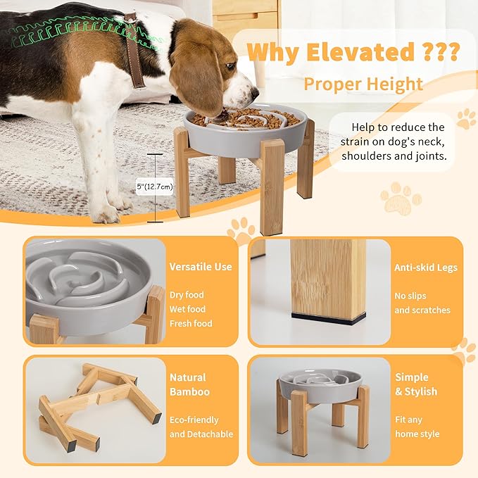 Elevated Slow Feeder Dog Bowl Large Breed, 8.8 Inch Ceramic Slow Eating Bowl with Bamboo Stand, Anti-Choking Raised Maze Design for Medium to Large Dogs, 3.2 Cup, Grey