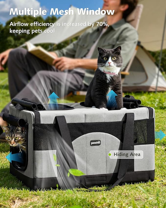 Pecute Dual Compartment Pet Carrier for Multi-Cat Families & Small Dog Owners, Collapsible Dog Crate with Reinforced Steel Frame, Car Safety Design for Travel, Vet Visits & Home Use, Gray