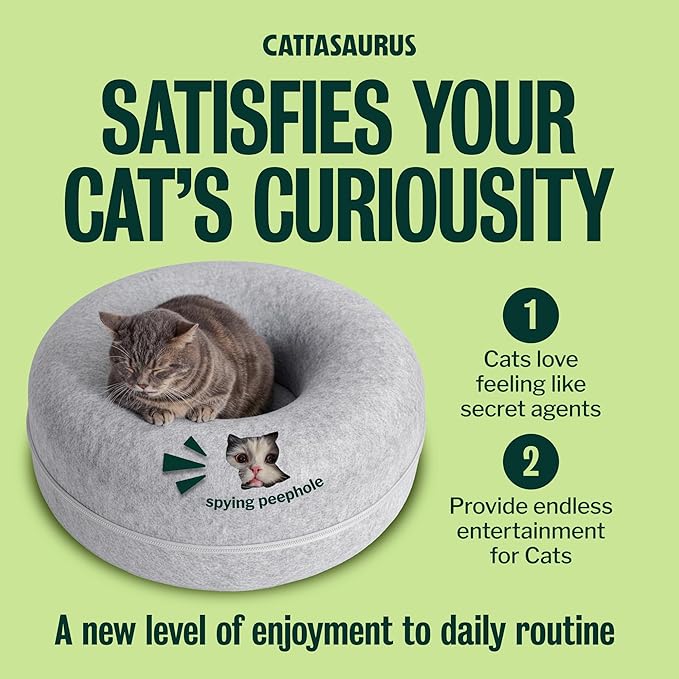 Cattasaurus Peekaboo Cat Cave Donut for Multiple & Large Cats up to 30-45 lbs, 3-in-1 Self Warming Cat Bed, Tunnel & Scratcher for Indoor Cats, Washable & Detachable (Light Gray + Light Gray, Large)