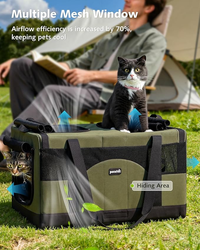Pecute Dual Compartment Pet Carrier for Multi-Cat Families & Small Dog Owners, Collapsible Dog Crate with Reinforced Steel Frame, Car Safety Design for Travel, Vet Visits & Home Use, Green