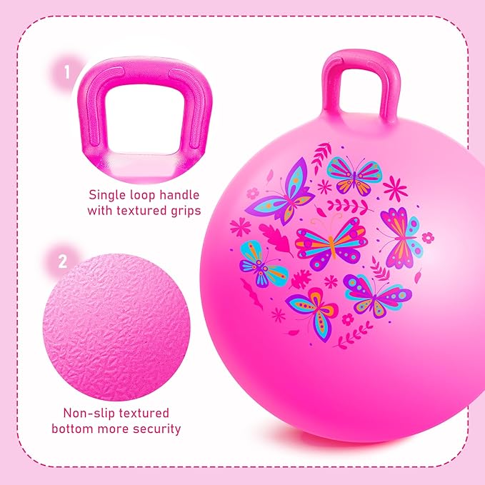 Hopper Ball, Pink Butterfly Hopping Toys for Kids, 20 Inch Bouncy Ball with Handle, Indoor Outdoor Inflatable Hippity Hop Toy for Girls Boys Gift with Free Pump