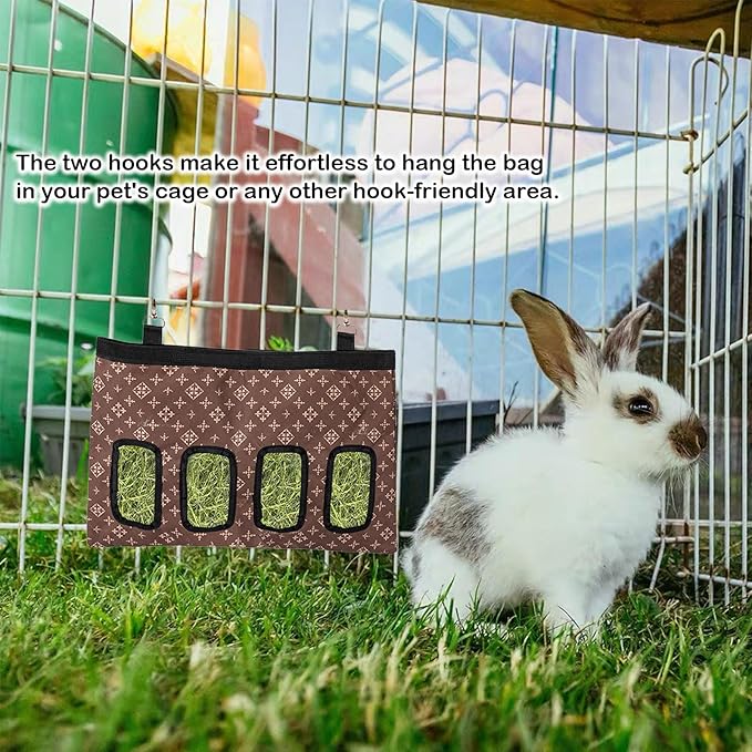 Rabbit Hay Feeder Bag, Large Capacity Rabbit Hay Bag Small Animal Hanging Hay Bag 600D Oxford Cloth Bunny Hay Feeder Bag for Rabbits Guinea Pigs Chinchillas (Brown-4 Holes-1Pcs)