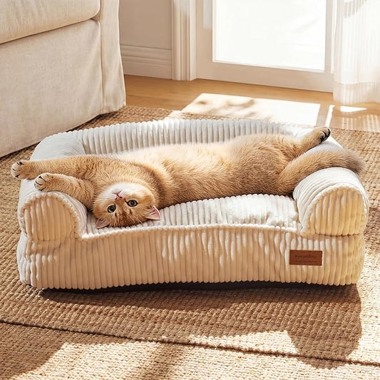 FUKUMARU Dog Couch Bed, Corduroy Cozy Cat Bed for Indoor Cats with Washable Cover, 28in Waterproof Orthopedic Dog Beds Sofa for Small Dogs and Large Cats, Cute Warm Cotton Pet Sofa, Cream