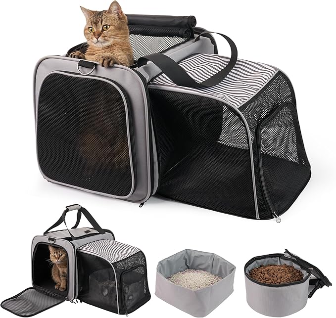Cat Carrier with Litter Box, Soft Cat Travel Carrier with Food Carrier, Expandable Portable Cat Carrier for Car Travel, up to 20 lbs for Road Trip, Camping, Hiking, Gray