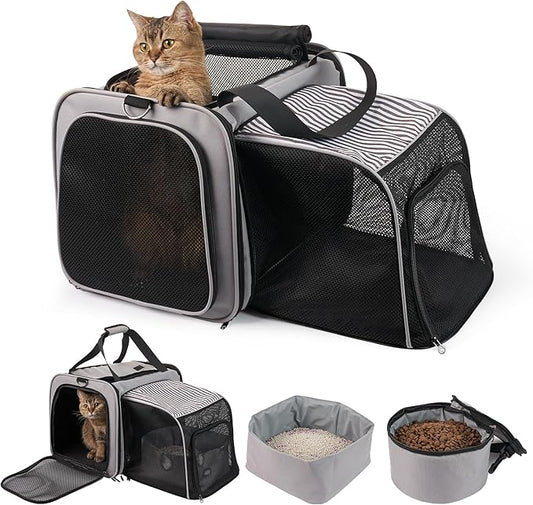 Cat Carrier with Litter Box, Soft Cat Travel Carrier with Food Carrier, Expandable Portable Cat Carrier for Car Travel, up to 20 lbs for Road Trip, Camping, Hiking, Gray