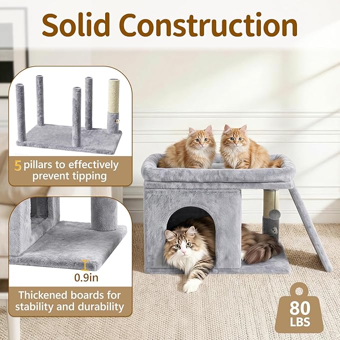 Cat Tree Tower Bed with Scratching Post for Indoor, Heavy Duty Small Stand House Condo for Large Cats & Kittens, Platform Perch Hideout Climb Rest Area, Modern Sturdy Furniture, Light Gray