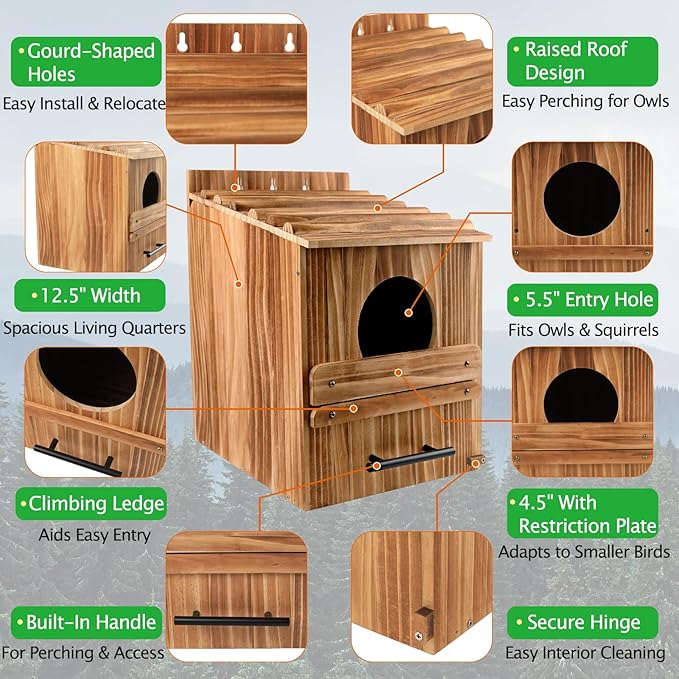 Large Owl House for Outdoors, 17" x 12.5" x 12.5" Premiun Wooden Owl Boxes for Outside, Bird Nesting Box - Habitats for Barn, Screech, Boreal, Saw - Whet & Elf Owls