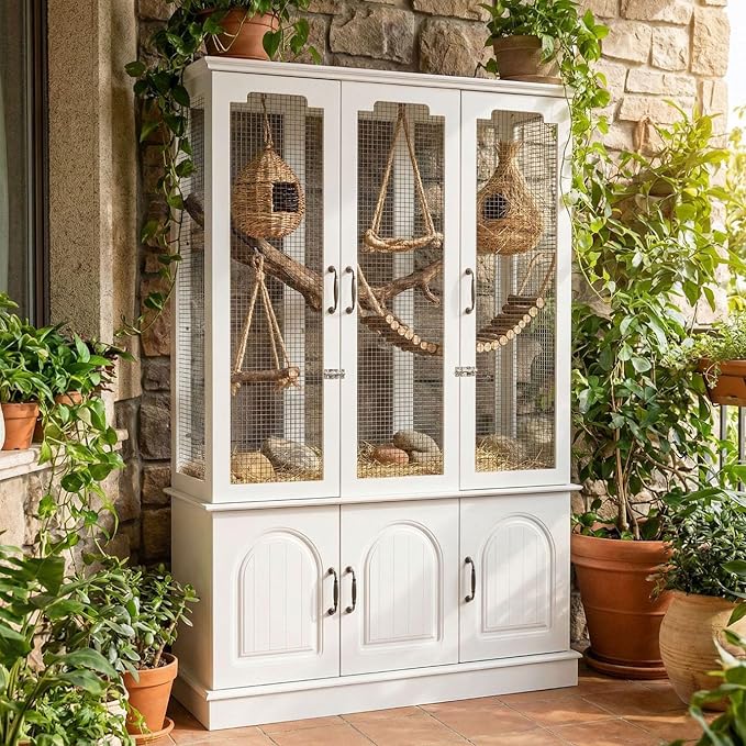 70.8" Tall White Bird Cage with Storage Cabinet, Large Flight Parrot Cage with Lock and 4-Sided Metal Mesh Design, DIY-Friendly, 47.2" Wide Bird Cages for Parakeets, Cockatiels, Finches