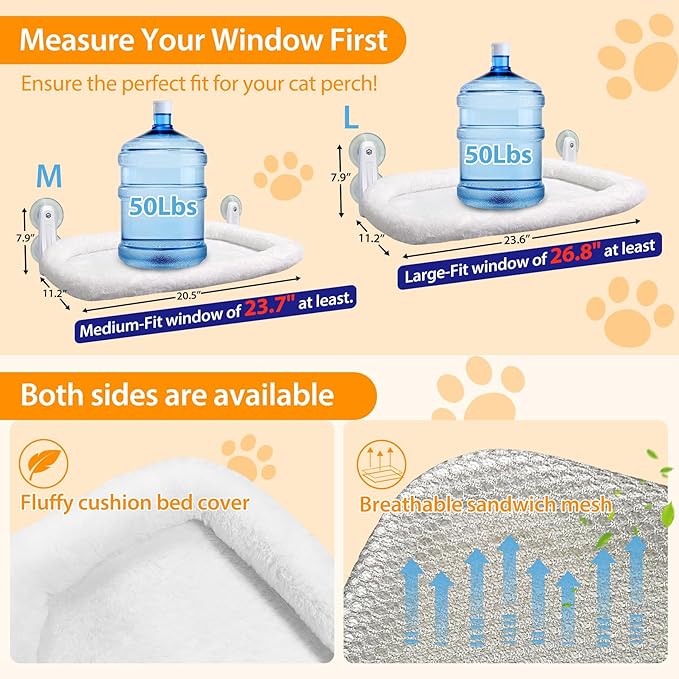 L&W BROS. Cat Window Perch Cushion Bed Hammock with 4 Updated Suction Cups Easy to Assemble Cat Window Bed for Heavy Large Cats (M 1Pc)