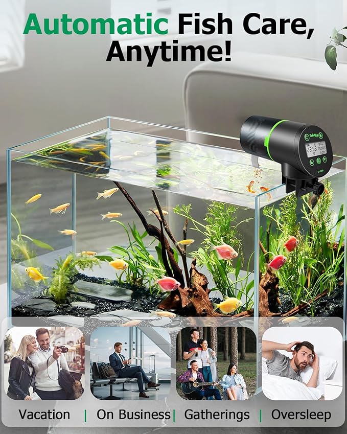 Automatic Fish Feeder for Aquarium, Auto Fish Food Dispenser with Timer and Feeding Ring, Moisture-Proof, Smart Fish Tank Vacation Feeder with 2 AAA Batteries