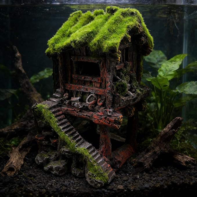 M2cbridge Aquarium Decorations Fish Hideout House Betta Cave with Green Lifelike Moss (Style 4)