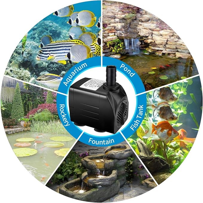 Jhua Water Fountain Pump 300GPH (1100L/H, 21W) Submersible Water Pump, Ultra Quiet Fountain Pumps Submersible Outdoor with 5.9ft Power Cord, 3 Nozzles for Aquarium, Tank, Pond, Statuary, Hydroponics