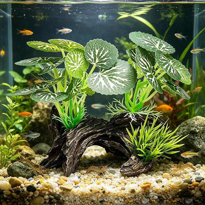 Silk Aquarium Plants with Artificial Driftwood | Soft silk plants with resin driftwood, safe for fish, lifelike, durable, fits small & large tanks, maintenance-free.