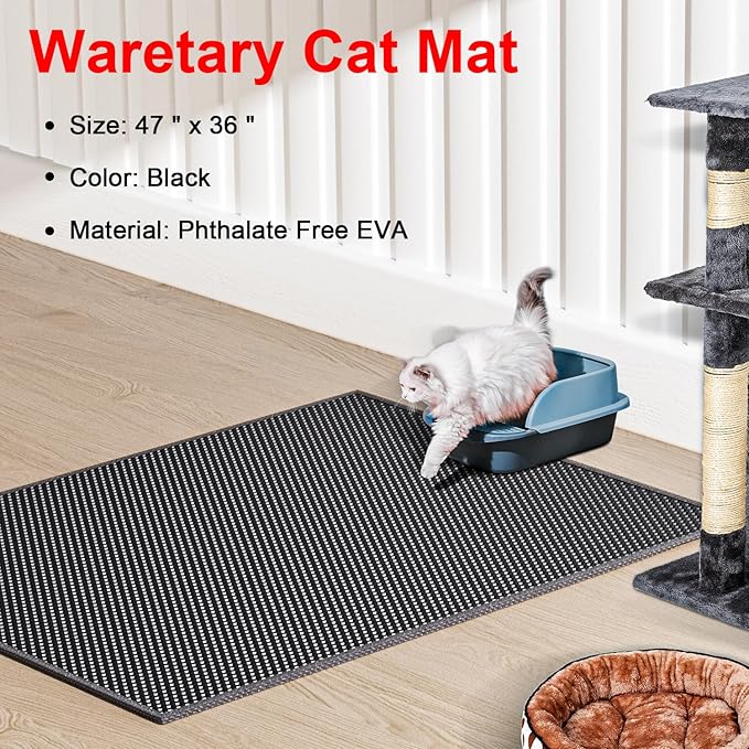 Waretary Cat Litter Box Mat: 47"x 36" Waterproof Kitty Cat Litter Trapping Mat, Easy-clean Double-layer Scatter Control Pad Rug (Black)