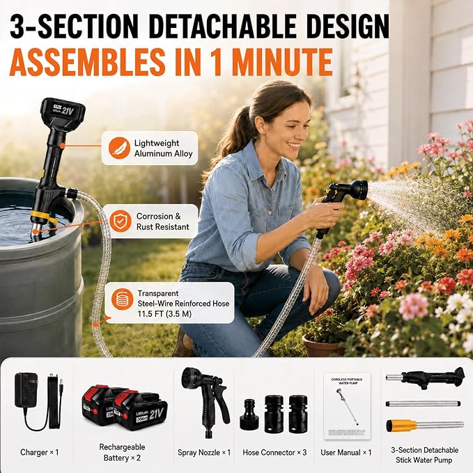 Cordless Stick Water Transfer Pump 770 GPH with 2 4.0Ah Batteries (Orange) | 2X4 Ah Batteries, 32ft Lift, 11.5 FT Hose & 8-Mode Nozzle, For Hot Tub, Pool, Basement