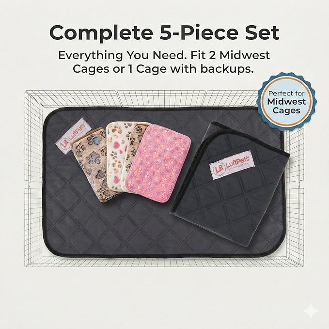 Bunny Cage Mats, 5 Pcs, Fit Midwest, Absorbs Moisture & Odors, Soft Guinea Pig Blankets, Comfortable Fleece Cage Liners, Washable Rabbit Bedding