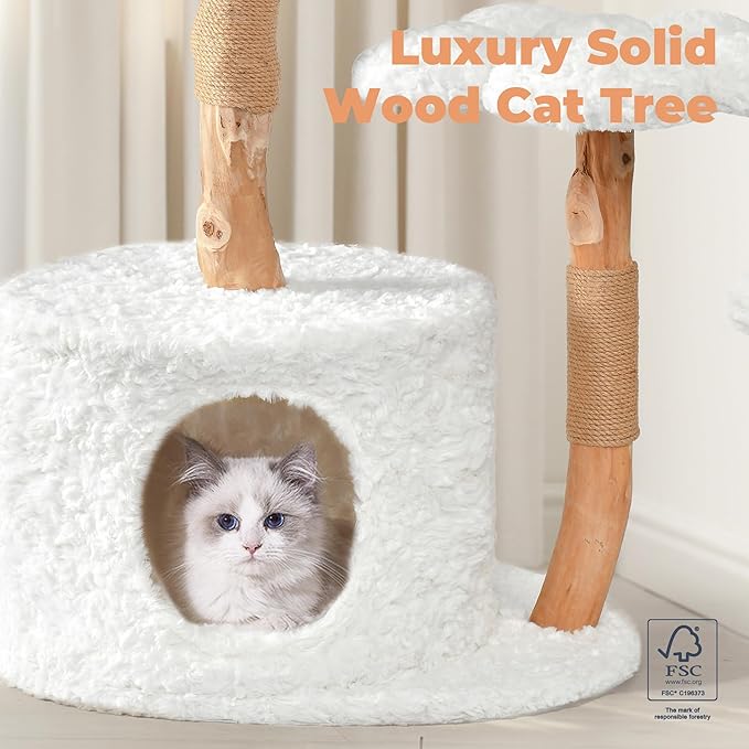 Easyego Modern Cat Tree, 39.9" Aesthetic Wood Cat Tree Tower for Large Cats, Luxury Cat Condo with Scratching Posts and Flower Platforms, Cat Furniture, White