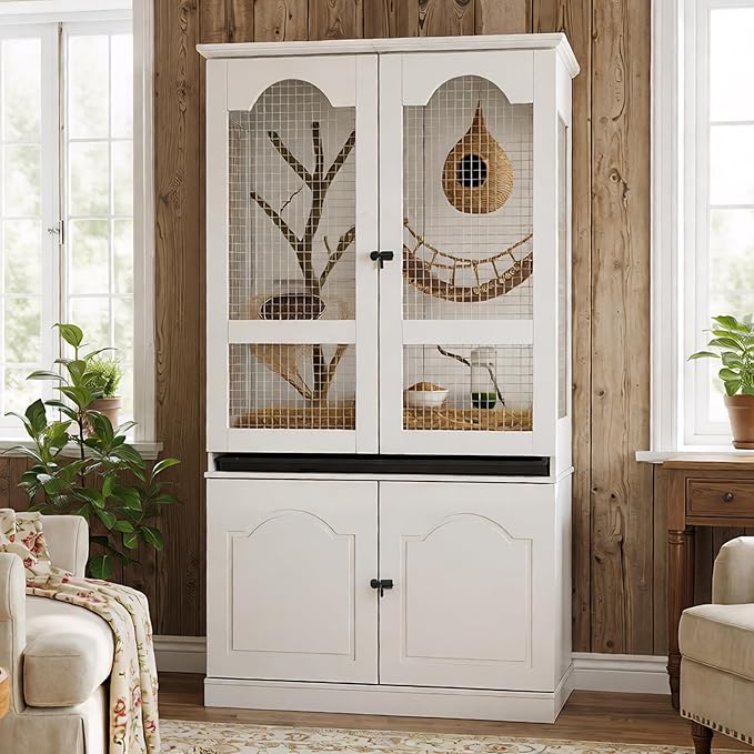 Large Bird Cage with Adjustable Storage Cabinet, White Flight Parakeet Parrot Cage with Pull-Out Tray and 3-Side Iron Mesh Design, DIY-Friendly, Tall Wide Bird Cages for Cockatiels, Finches
