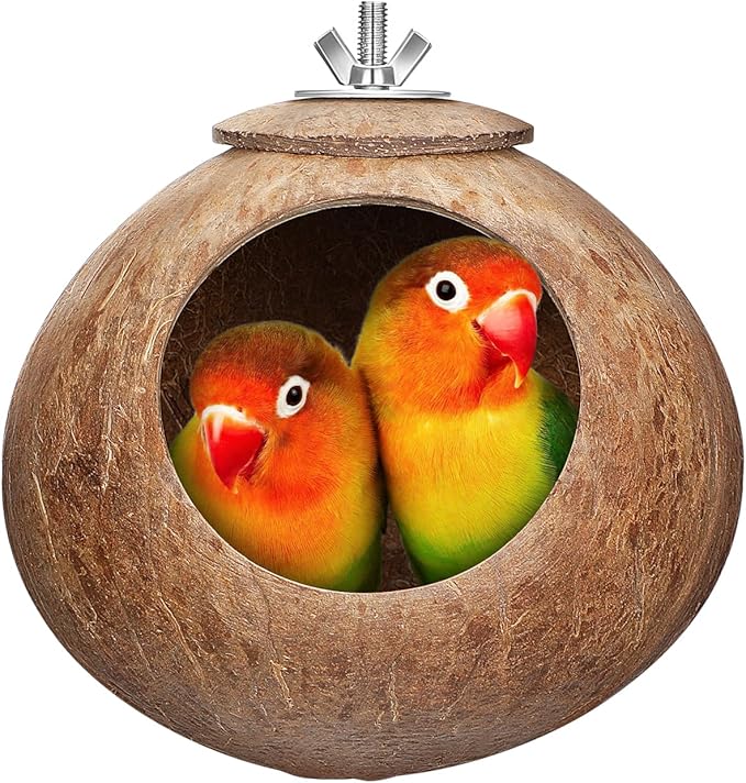 Balacoo Coconut Bird Nest for Cage: Natural Coconut Shell Parakeet Nesting Box, Parakeet Breeding Hut - Bird Cage Accessories for Budgies Cockatiel Conure Lovebirds