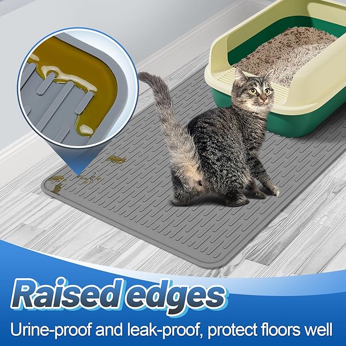 MEWTOGO Easy Clean Silicone Cat Mat for Litter Box - 33.7" x 22" Waterproof Non-Slip Kitty Litter Trapping Mat for Protecting Floor, Less-Mess Food Water Mat for Indoor, Gray